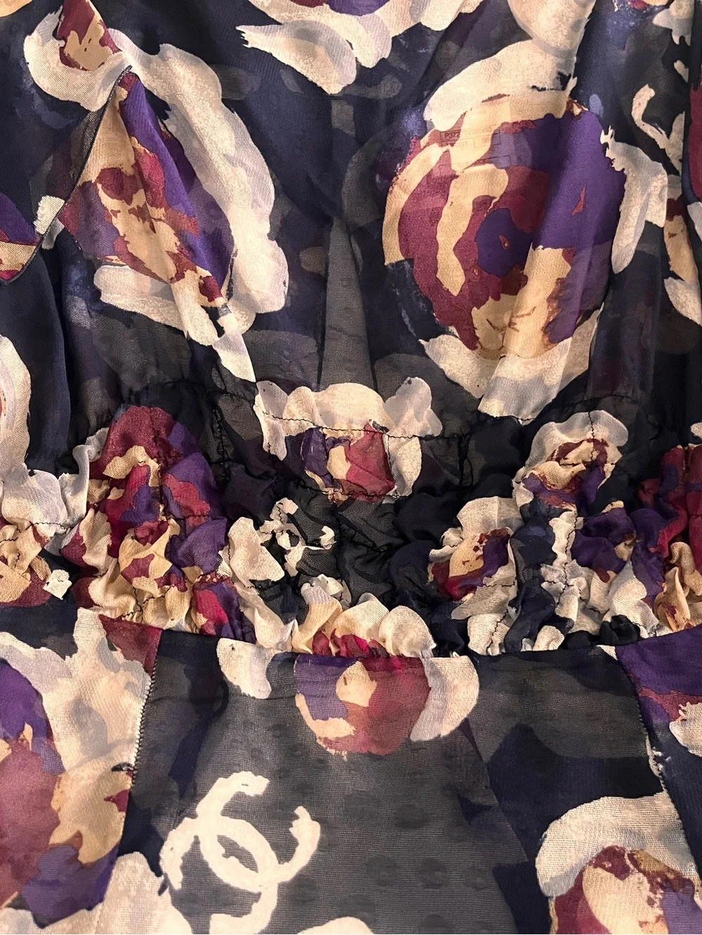 Chanel Vintage Multicolor Printed Sheer Chiffon Blouse FR 38 Made in France